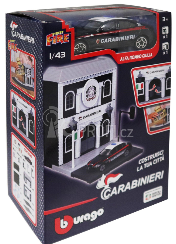 Bburago Accessories Diorama - Set Build Your City Police Station - Caserma Carabinieri - With Alfa Romeo Giulia 2015 1:43 Modrá Bílá