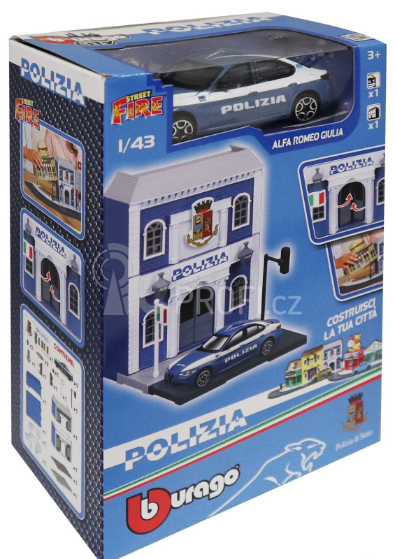 Bburago Accessories Diorama - Set Build Your City Police Station - Caserma Polizia - With Alfa Romeo Giulia 2015 1:43 Světle Modrá Bílá