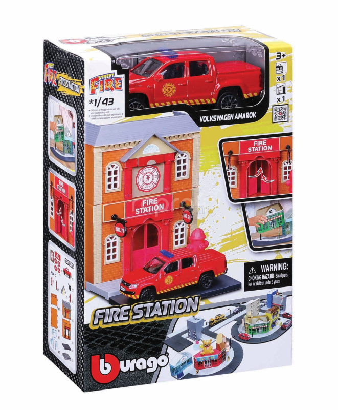 Bburago Accessories Diorama - Set Fire Station With Volkswagen Amarok Pick-up 2009 1:43 Red