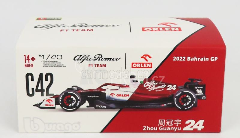 Bburago Alfa romeo F1  C42 Team Orlen Racing N 24 Bahrain Gp 2022 Guanyu Zhou - With Helmet And Plastic Showcase - Exclusive Carmodel 1:43 Bílá Červená Met