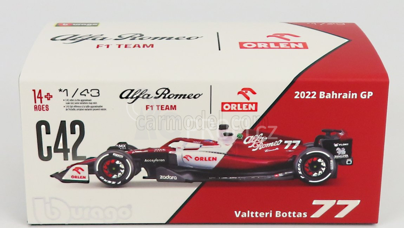 Bburago Alfa romeo F1  C42 Team Orlen Racing N 77 Bahrain Gp 2022 Valtteri Bottas - With Helmet And Plastic Showcase - Exclusive Carmodel 1:43 Bílá Červená Met