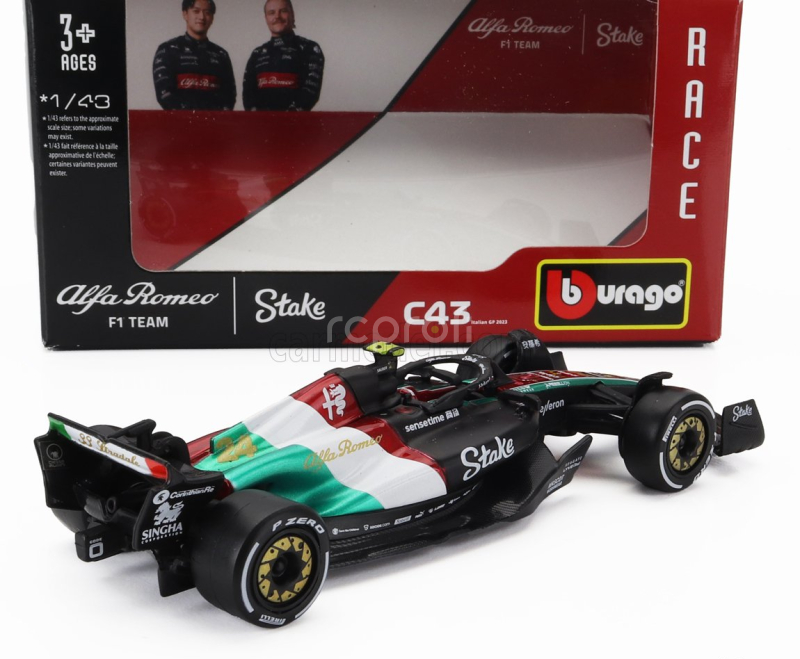 Bburago Alfa romeo F1  C43 Team Stake N 24 Monza Italy Gp 2023 Guanyu Zhou 1:43 Černá Červená Bílá Zelená