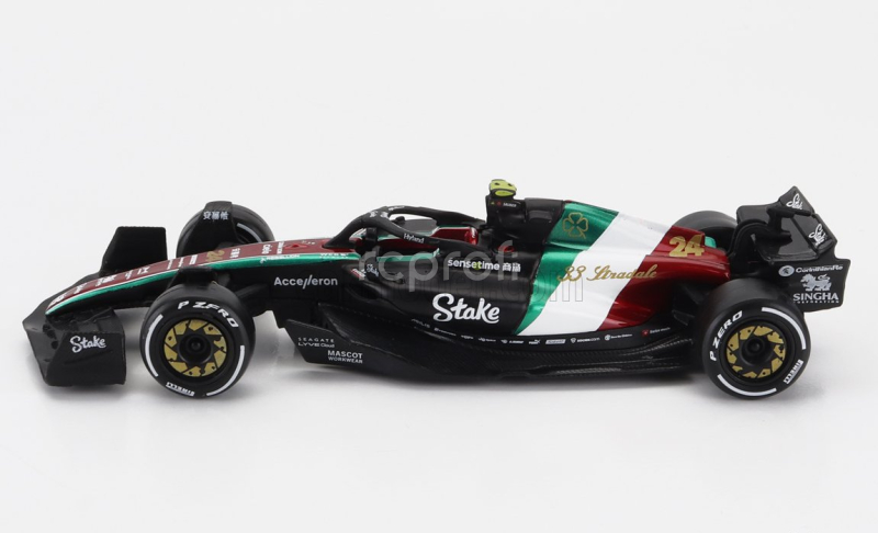 Bburago Alfa romeo F1  C43 Team Stake N 24 Monza Italy Gp 2023 Guanyu Zhou 1:43 Černá Červená Bílá Zelená