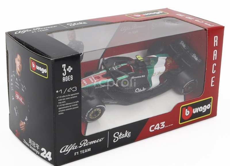 Bburago Alfa romeo F1  C43 Team Stake N 24 Monza Italy Gp 2023 Guanyu Zhou 1:43 Černá Červená Bílá Zelená