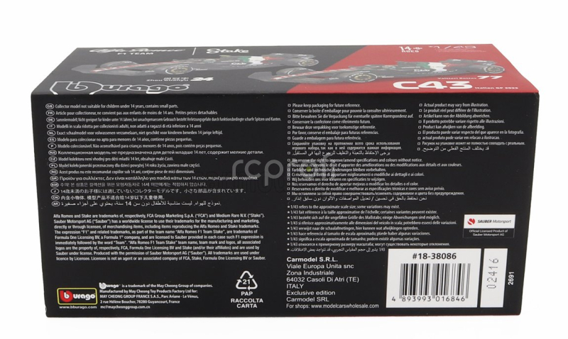 Bburago Alfa romeo F1  C43 Team Stake N 24 Monza Italy Gp 2023 Guanyu Zhou - With Pilot And Showcase 1:43 Černá Červená Bílá Zelená