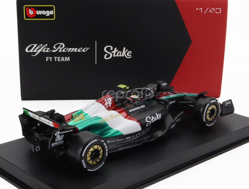 Bburago Alfa romeo F1  C43 Team Stake N 24 Monza Italy Gp 2023 Guanyu Zhou - With Pilot And Showcase 1:43 Černá Červená Bílá Zelená