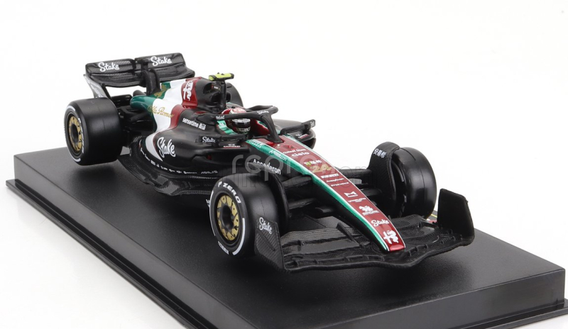 Bburago Alfa romeo F1  C43 Team Stake N 24 Monza Italy Gp 2023 Guanyu Zhou - With Pilot And Showcase 1:43 Černá Červená Bílá Zelená