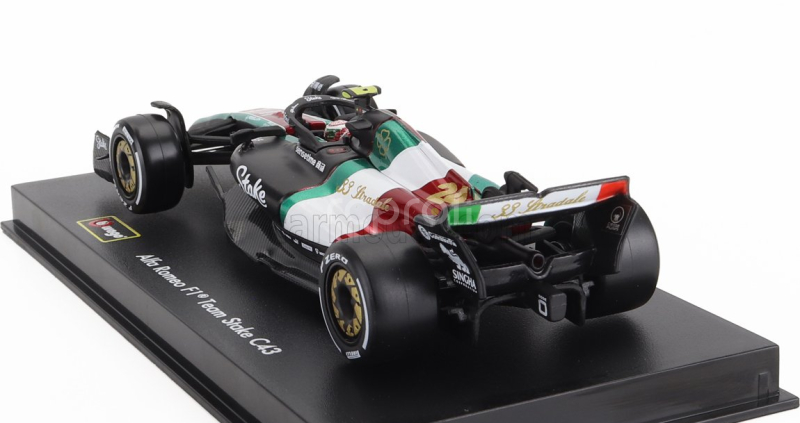 Bburago Alfa romeo F1  C43 Team Stake N 24 Monza Italy Gp 2023 Guanyu Zhou - With Pilot And Showcase 1:43 Černá Červená Bílá Zelená