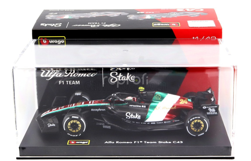 Bburago Alfa romeo F1  C43 Team Stake N 24 Monza Italy Gp 2023 Guanyu Zhou - With Pilot And Showcase 1:43 Černá Červená Bílá Zelená