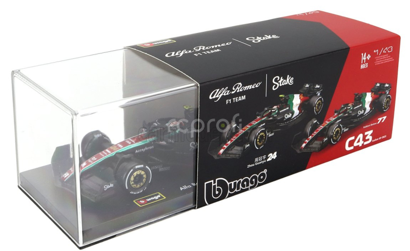 Bburago Alfa romeo F1  C43 Team Stake N 24 Monza Italy Gp 2023 Guanyu Zhou - With Pilot And Showcase 1:43 Černá Červená Bílá Zelená