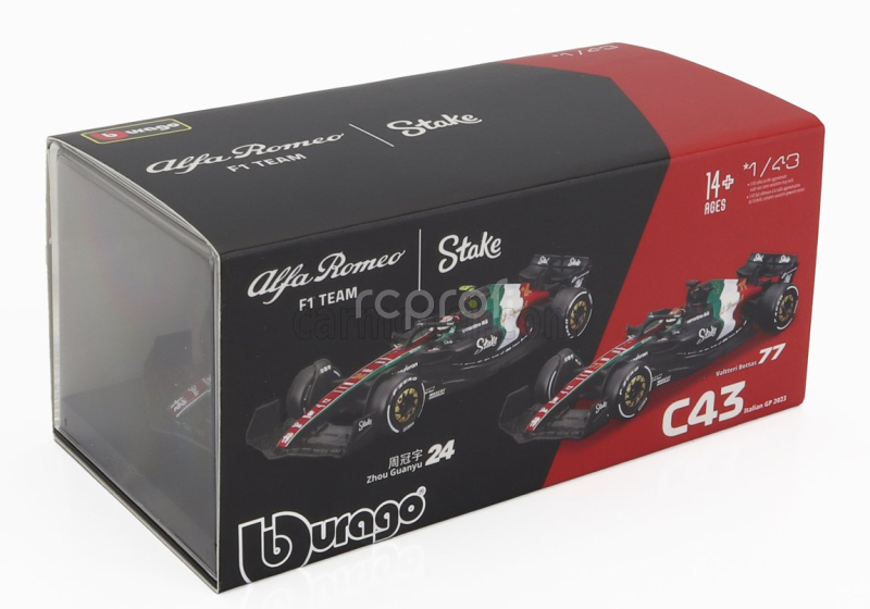 Bburago Alfa romeo F1  C43 Team Stake N 24 Monza Italy Gp 2023 Guanyu Zhou - With Pilot And Showcase 1:43 Černá Červená Bílá Zelená