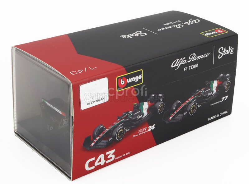 Bburago Alfa romeo F1  C43 Team Stake N 24 Monza Italy Gp 2023 Guanyu Zhou - With Pilot And Showcase 1:43 Černá Červená Bílá Zelená