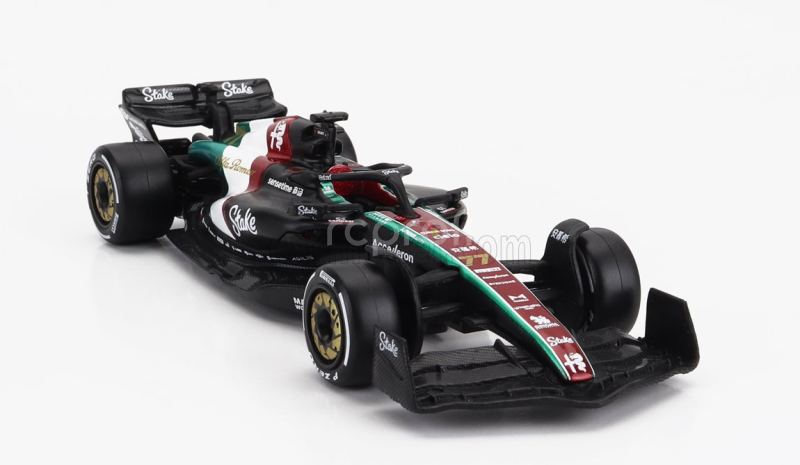Bburago Alfa romeo F1  C43 Team Stake N 77 Monza Italy Gp 2023 Valtteri Bottas 1:43 Černá Červená Bílá Zelená