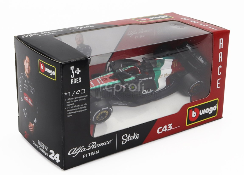 Bburago Alfa romeo F1  C43 Team Stake N 77 Monza Italy Gp 2023 Valtteri Bottas 1:43 Černá Červená Bílá Zelená