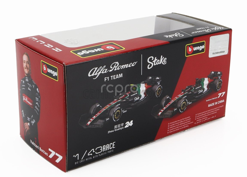 Bburago Alfa romeo F1  C43 Team Stake N 77 Monza Italy Gp 2023 Valtteri Bottas 1:43 Černá Červená Bílá Zelená