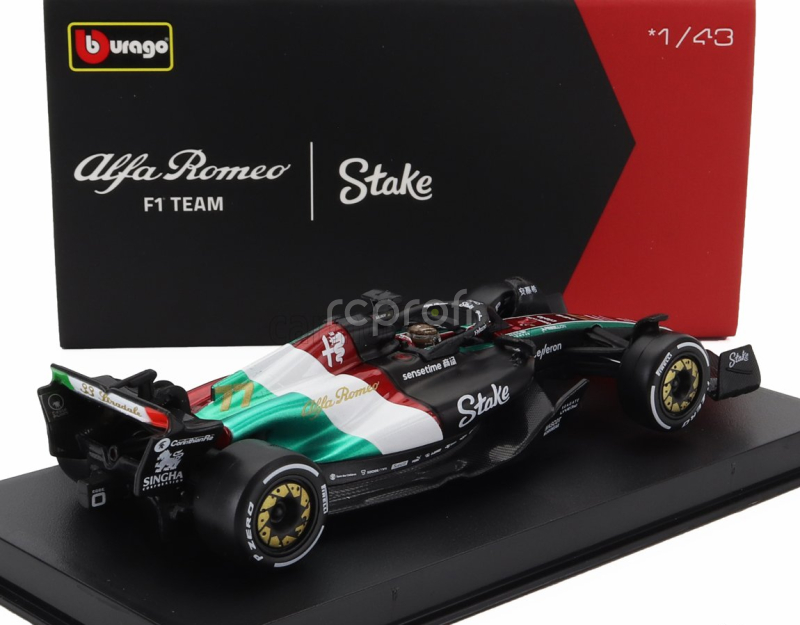 Bburago Alfa romeo F1  C43 Team Stake N 77 Monza Italy Gp 2023 Valtteri Bottas - With Pilot And Showcase 1:43