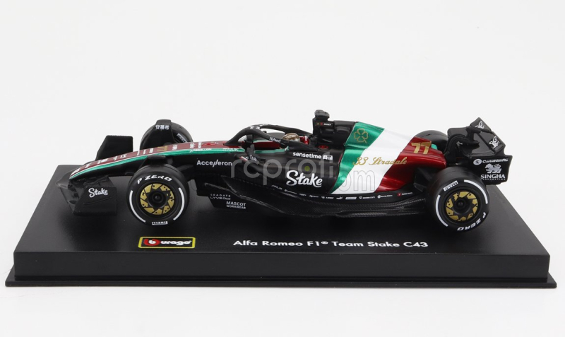 Bburago Alfa romeo F1  C43 Team Stake N 77 Monza Italy Gp 2023 Valtteri Bottas - With Pilot And Showcase 1:43