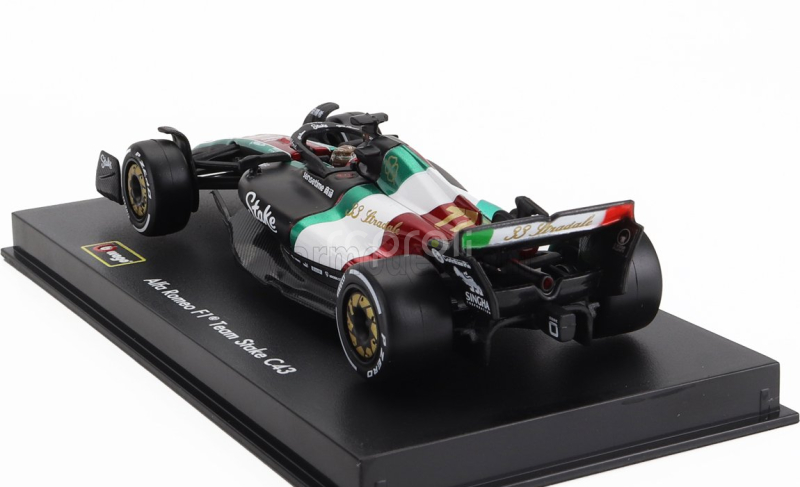 Bburago Alfa romeo F1  C43 Team Stake N 77 Monza Italy Gp 2023 Valtteri Bottas - With Pilot And Showcase 1:43