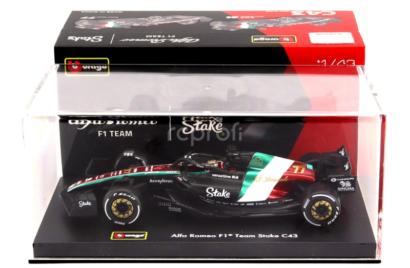 Bburago Alfa romeo F1  C43 Team Stake N 77 Monza Italy Gp 2023 Valtteri Bottas - With Pilot And Showcase 1:43