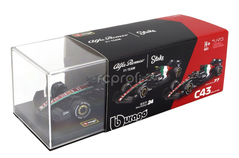 Bburago Alfa romeo F1  C43 Team Stake N 77 Monza Italy Gp 2023 Valtteri Bottas - With Pilot And Showcase 1:43