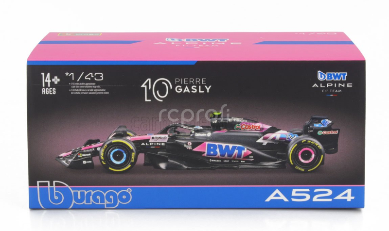 Bburago Alpine F1  A524 Team Bwt Alpine N 10 Season 2024 Pierre Gasly - With Pilot And Showcase 1:43 Černá Modrá Růžová