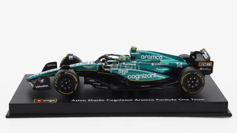 Bburago Aston martin F1  Amr23 Team Aramco Cognizant N 14 Season 2023 Fernando Alonso - With Pilot And Showcase 1:43 Zelená