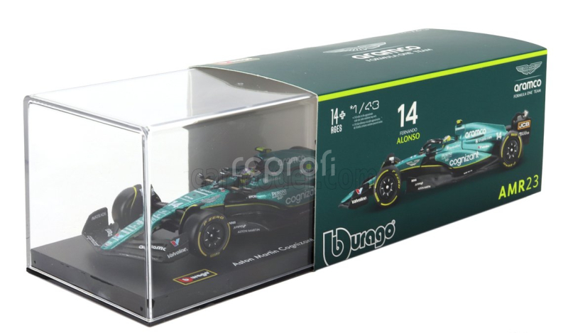 Bburago Aston martin F1  Amr23 Team Aramco Cognizant N 14 Season 2023 Fernando Alonso - With Pilot And Showcase 1:43 Zelená
