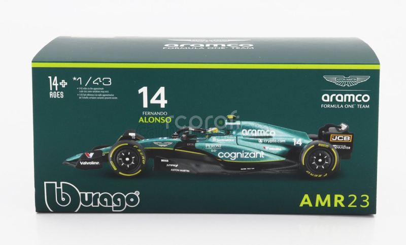 Bburago Aston martin F1  Amr23 Team Aramco Cognizant N 14 Season 2023 Fernando Alonso - With Pilot And Showcase 1:43 Zelená