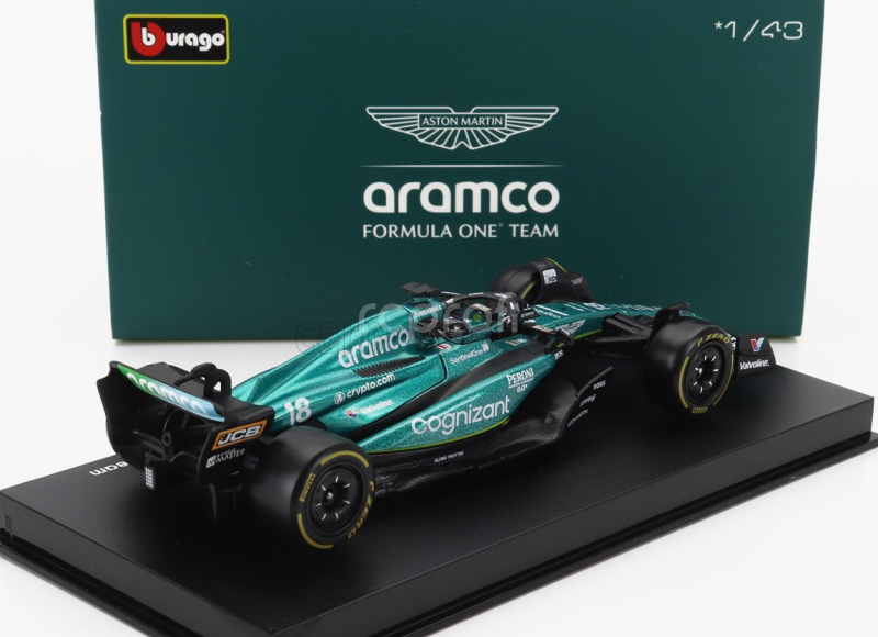 Bburago Aston martin F1  Amr23 Team Aramco Cognizant N 18 Season 2023 Lance Stroll - With Pilot And Showcase 1:43 Zelená