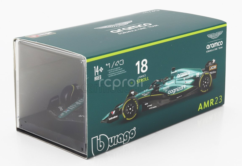 Bburago Aston martin F1  Amr23 Team Aramco Cognizant N 18 Season 2023 Lance Stroll - With Pilot And Showcase 1:43 Zelená