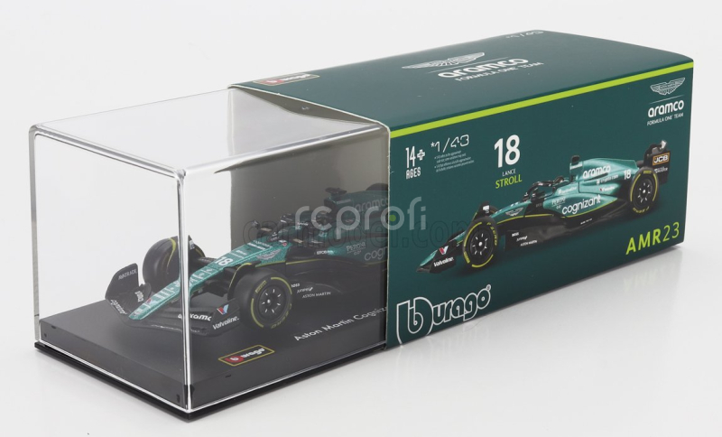 Bburago Aston martin F1  Amr23 Team Aramco Cognizant N 18 Season 2023 Lance Stroll - With Pilot And Showcase 1:43 Zelená