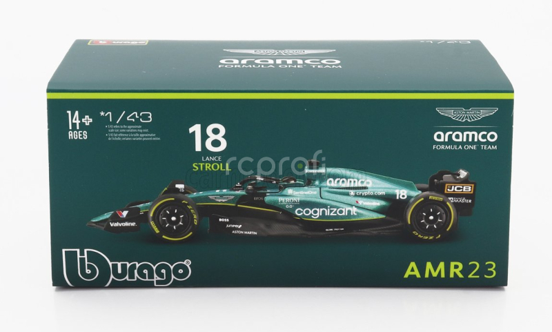 Bburago Aston martin F1  Amr23 Team Aramco Cognizant N 18 Season 2023 Lance Stroll - With Pilot And Showcase 1:43 Zelená
