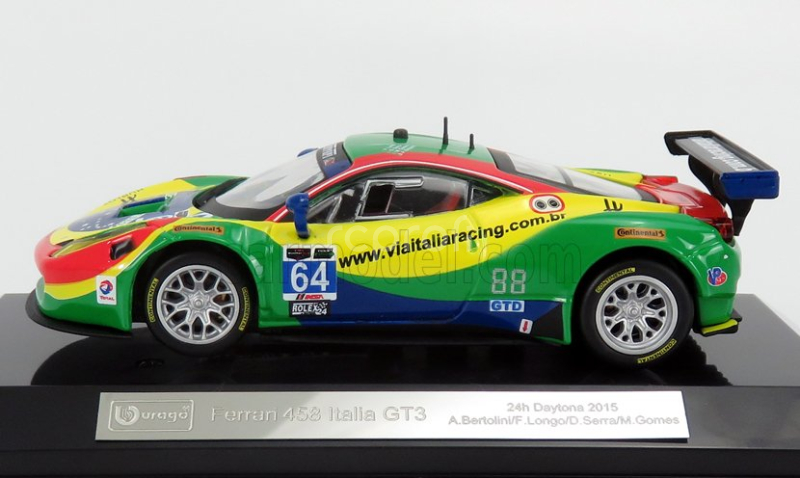 Bburago Ferrari 458 Italia Gt3 4.5l V8 Team Scuderia Corsa N 64 24h Daytona 2015 Andrea Bertolini - Francisco Longo - Daniel Serra - Marcos Gomes 1:43 Červená Zelená Modrá Žlutá