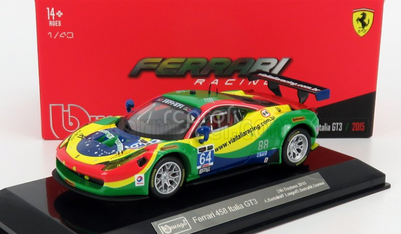 Bburago Ferrari 458 Italia Gt3 4.5l V8 Team Scuderia Corsa N 64 24h Daytona 2015 Andrea Bertolini - Francisco Longo - Daniel Serra - Marcos Gomes 1:43 Červená Zelená Modrá Žlutá