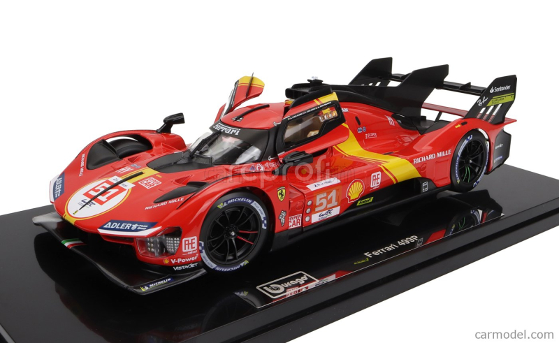 Bburago Ferrari 499p 3.0l Turbo V6 Team Ferrari Af Corse N 51 Winner 24h Le Mans 2023 Alessandro Pier Guidi - James Calado - Antonio Giovinazzi  - With Showcase - Exclusive Carmodel 1:18 Červená Žlutá Černá
