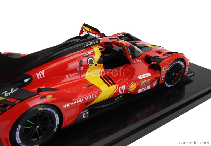 Bburago Ferrari 499p 3.0l Turbo V6 Team Ferrari Af Corse N 51 Winner 24h Le Mans 2023 Alessandro Pier Guidi - James Calado - Antonio Giovinazzi  - With Showcase - Exclusive Carmodel 1:18 Červená Žlutá Černá