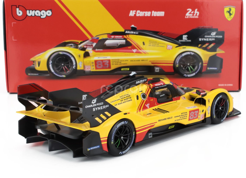 Bburago Ferrari 499p 3.0l Turbo V6 Team Af Corse N  83 24h Le Mans 2024 Robert Kubica - Robert Shwartzman - Yifei Ye 1:18 Žlutá Červená
