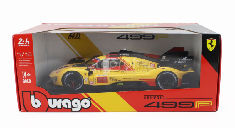 Bburago Ferrari 499p 3.0l Turbo V6 Team Af Corse N  83 24h Le Mans 2024 Robert Kubica - Robert Shwartzman - Yifei Ye 1:18 Žlutá Červená
