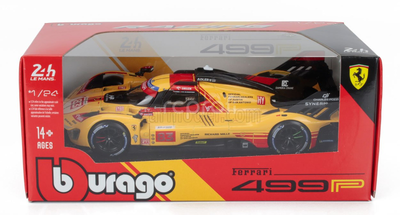 Bburago Ferrari 499p 3.0l Turbo V6 Team Af Corse N  83 24h Le Mans 2024 Robert Kubica - Robert Shwartzman - Yifei Ye 1:24 Žlutá Červená