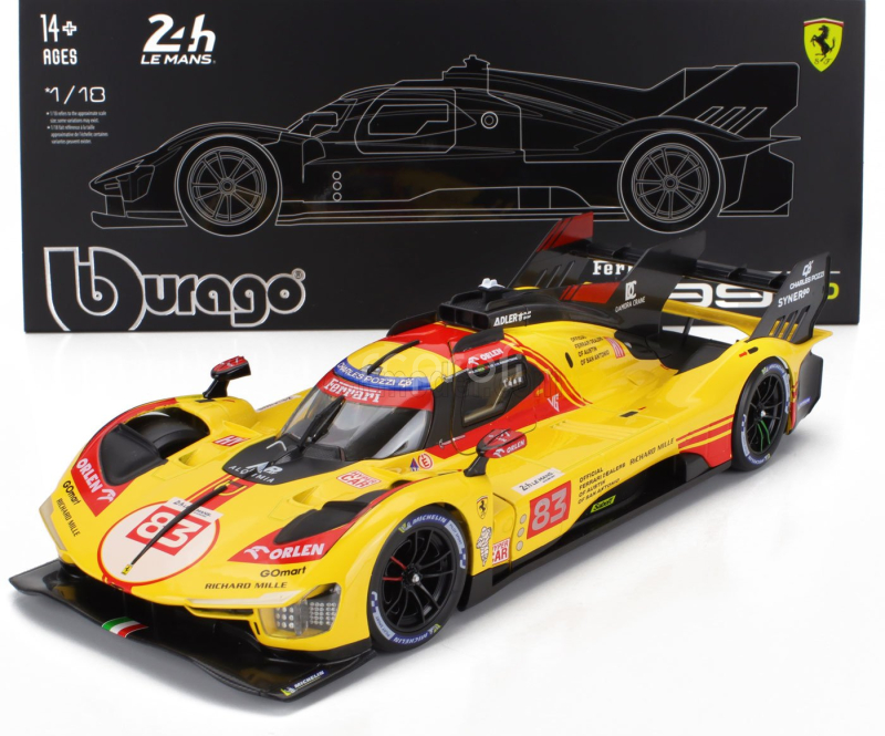 Bburago Ferrari 499p 3.0l Turbo V6 Team Af Corse N  83 24h Le Mans 2024 Robert Kubica - Robert Shwartzman - Yifei Ye - Con Vetrina - With Showcase 1:18 Žlutá Červená