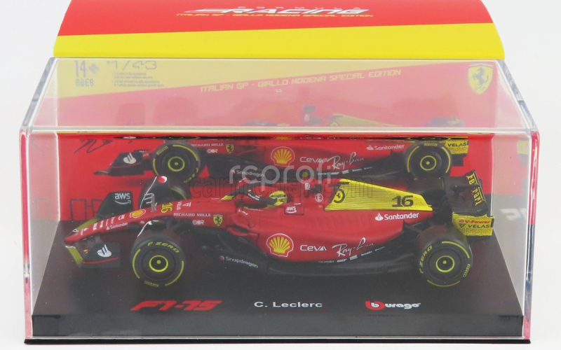 Bburago Ferrari F1-75 Scuderia Ferrari N 16 2nd Monza Gp Italy (pole Position) 2022 Charles Leclerc - With Helmet And Plastic Showcase - Exclusive Carmodel 1:43 Červená Žlutá