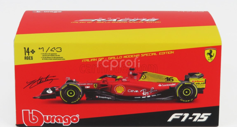 Bburago Ferrari F1-75 Scuderia Ferrari N 16 2nd Monza Gp Italy (pole Position) 2022 Charles Leclerc - With Helmet And Plastic Showcase - Exclusive Carmodel 1:43 Červená Žlutá