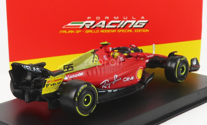 Bburago Ferrari F1-75 Scuderia Ferrari N 55 4th Monza Gp Italy 2022 Carlos Sainz - With Helmet And Plastic Showcase - Exclusive Carmodel 1:43 Červená Žlutá
