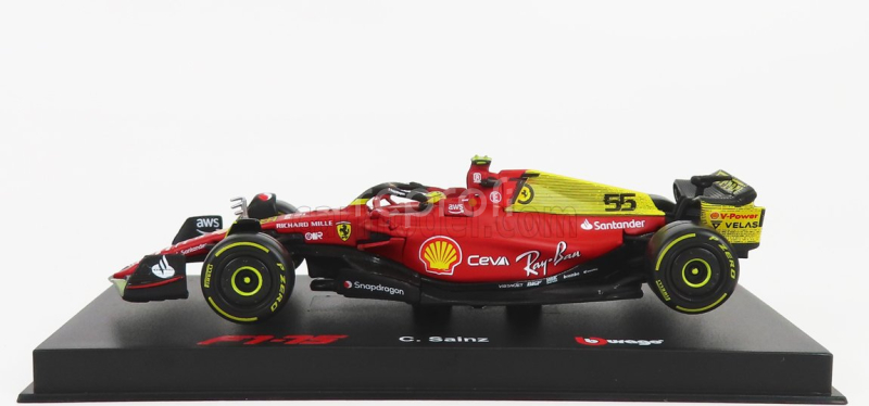 Bburago Ferrari F1-75 Scuderia Ferrari N 55 4th Monza Gp Italy 2022 Carlos Sainz - With Helmet And Plastic Showcase - Exclusive Carmodel 1:43 Červená Žlutá