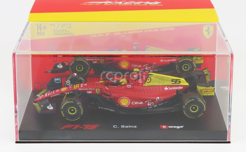 Bburago Ferrari F1-75 Scuderia Ferrari N 55 4th Monza Gp Italy 2022 Carlos Sainz - With Helmet And Plastic Showcase - Exclusive Carmodel 1:43 Červená Žlutá