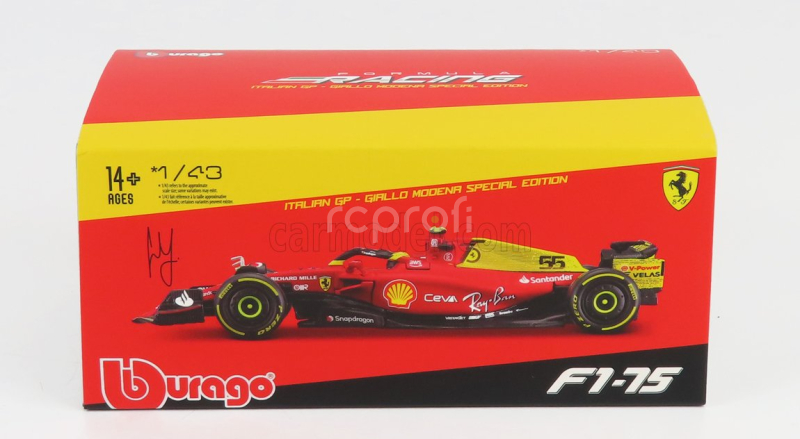 Bburago Ferrari F1-75 Scuderia Ferrari N 55 4th Monza Gp Italy 2022 Carlos Sainz - With Helmet And Plastic Showcase - Exclusive Carmodel 1:43 Červená Žlutá