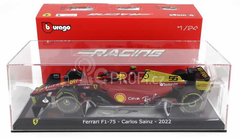 Bburago Ferrari F1-75 Scuderia Ferrari N 55 4th Monza Gp Italy 2022 Carlos Sainz - With Pilot And Showcase - Exclusive Carmodel 1:24 Červená Žlutá