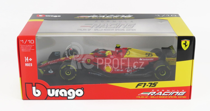 Bburago Ferrari F1-75 Scuderia Ferrari N 55 4th Monza Gp Italy 2022 Carlos Sainz - Yellow Wheels - Full Exclusive Carmodel 1:18 Červená Žlutá