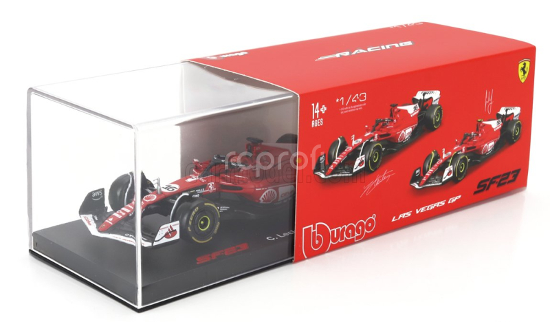 Bburago Ferrari F1  Sf-23 Team Scuderia Ferrari N 16 2nd Las Vegas Usa Gp 2023 Charles Leclerc - With Pilot And Showcase 1:43 Červená Bílá Černá