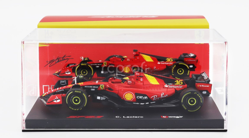 Bburago Ferrari F1  Sf-23 Team Scuderia Ferrari N 16 4th Monza Italy Gp 2023 Charles Leclerc - With Pilot And Showcase 1:43 Červená Černá Žlutá
